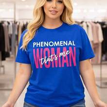 Women's Graphic T-Shirt "Phenomenal Woman", Cotton, Short Sleeve, Casual Style, Loose Fit, Round Neck, For Everyday Wear, Sizes M-5XL, Pink Letter Print, Comfortable Basic T-Shirt, Soft Clothing. - 藍色 - 查看 7