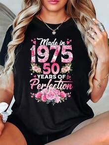 Women's Modern, Casual T-Shirt, Perfect For Parties And Lounging At Home, 100% Cotton, Loose Fit. Romantic Floral Commemorative T-Shirt, Women's Spring/Summer Short Sleeve Crew Neck Casual T-Shirt, For Birthday Parties, Girlfriend Gatherings, And More. - 黑色 - 查看 7