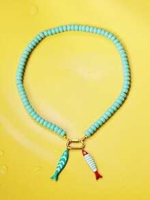 Trivaya Colorful Drip Oil Stainless Steel Striped Fish Bone Pendant Necklace, Handmade Beaded Multi-Pendant Necklace, Versatile Accessory For Vacation And Gift - Necklace - View 1