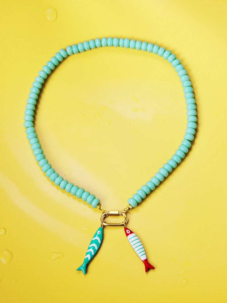 Trivaya Colorful Drip Oil Stainless Steel Striped Fish Bone Pendant Necklace, Handmade Beaded Multi-Pendant Necklace, Versatile Accessory For Vacation And Gift - Necklace - View 1
