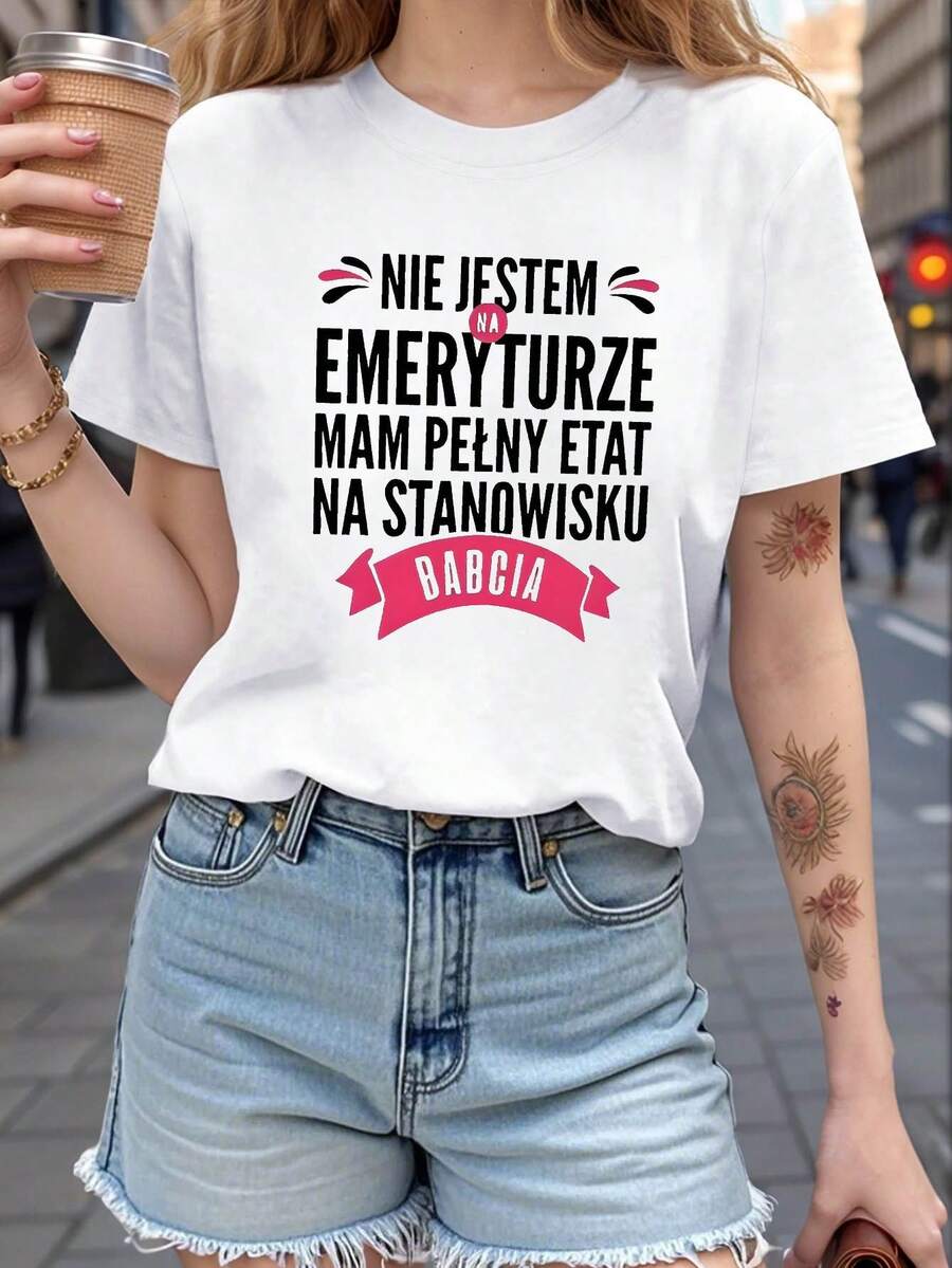 I'm Retired And Working Full-Time As A Grandmother Wearing A Monogrammed Print T-Shirt, Casual Short-Sleeved Crew Neck T-Shirt, Spring/Summer Women's Clothing. - 白色 - 查看 1