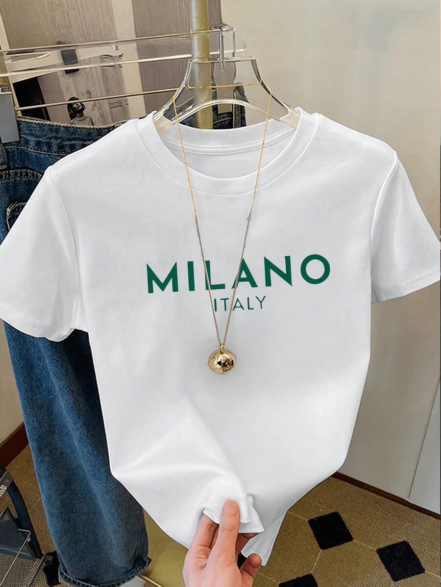 Simple, Casual And Versatile T-Shirt With English Letter Print, Short Sleeves And Round Neck. - 白色3 - 查看 1
