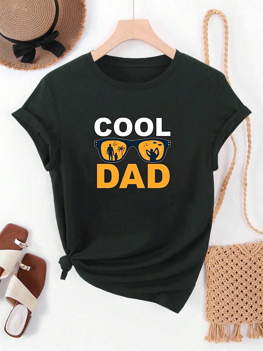 Women's "Cool Dad" Print T-Shirt - Fun Father's Day Gift, Green Short Sleeve Crew Neck Summer T-Shirt With Eye-Catching White And Yellow Letters, Loose Fit Suitable For Casual Wear And Matching Family Outfits, Machine Washable, "Cool Dad" Design With Modern Glasses And Family Illustrations, Solid Color, Regular Fit, Lightweight And Breathable, Perfect For Warm Weather, Ideal For Casual Outings And Family Gatherings. Elegant Party Outfit, T-Shirt For Stylish Ladies, Blouses Suitable For Curvy Women, Casual Wear, Cool And Sweat-Free Summer Clothes, Fun Letter Print - 黑色 - 查看 1