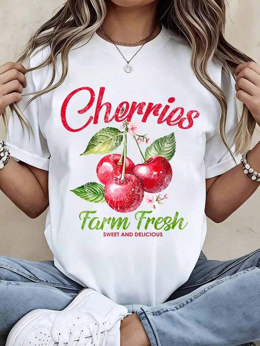 Cool Casual T-Shirt With Fresh Farm Cherry Print, Sweet And Delicious, Women's Graphic Tee, Summer Casual Top With Fruit Print, Loose Fit, Fashionable White T-Shirt - 白色 - 查看 1