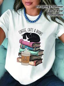 Mexican Plus-Size Clothing - Plus Sizes - Casual Everyday Outfits For Relaxing Moments, Featuring Coffee, Cats, And Books. A Stylish Plus-Size Women's Crew Neck T-Shirt For Spring And Summer With A "COFFEE, CATS, AND BOOKS" Print. Fashionable Summer Cotton T-Shirt. - 白色 - 查看 7
