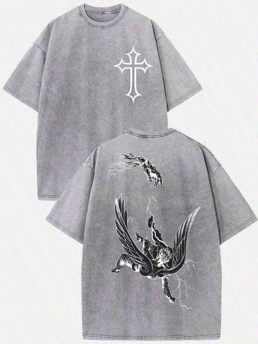 Women's & Men's Casual Loose Fit T-Shirt (230g T-Shirt) For Men, Washed Cotton With Lightning Angel Graphic Print, Short Sleeve Crew Neck T-Shirt, Casual Oversize Style, Urban Retro Top With Dark Religious Print. - 灰色的 - 查看 1