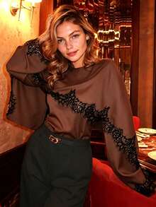 Middle Eastern Arabic Women's Lace Patchwork Round Neck Long Sleeve T-Shirt, Versatile Top, Spring Summer Autumn Vacation - Brown - View 8