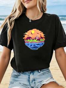 Plus Size Women's Spring/Summer T-Shirt, Premium Minimalist Style, Natural Wildlife Print, Ideal For Outdoor Adventures, Zoos/Aquariums, Unique Style Short Sleeve Top, Perfect For Daily Travel And Photoshoots. Gift Idea. - 黑色 - 查看 7