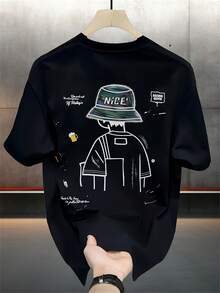 Men's Modern Heavyweight Pure Short Sleeve T-Shirt, Versatile Casual Korean Summer Print Tops For Men - 黑色 - 查看 1