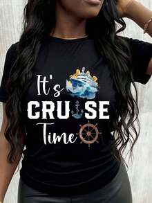 It's A Women's T-Shirt With A Ship's Anchor And Helm Design, A Nautical-Themed T-Shirt For Summer Vacation Outfits. - 黑色 - 查看 7