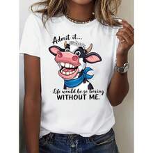 Women's T-Shirt With A Humorous And Sarcastic Cow Slogan - "Admit It... Life Would Be So Boring Without Me" - Casual White Graphic Tee With A Round Neck And Short Sleeves, Machine Washable, All-Season Comfort, Cow Print Tee, Comfortable Clothing, Fun Design - 白色的 - 查看 6