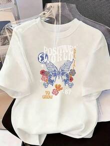 Blue Butterfly T-Shirt With "Positive World" Text, Fashionable Short-Sleeve T-Shirt For Spring/Summer 2026, Made In Mexico, 180 Grams. Cartoon Print, Couple Design, Suitable For Indoor Or Outdoor Wear. Crew Neck, Unisex, Ideal For The Office And Leisure. One-Pack. - WH-P631577SLNDXZGY627 - 查看 2