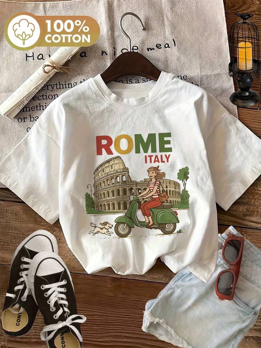 | Exquisite Design | Loose And Comfortable | Easy To Match | Short-Sleeved Crew Neck T-Shirt, 100% Cotton, With Vintage-Style Motorcycle Architecture Print, RIMA ITALIA [Chu] - 白色 - 查看 1