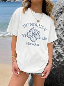 Camiseta de Verano Premium Estampada para Mujer, Estilo Hawaiano, Manga Corta, Algodón Puro, Corte Holgado, Estampado de Flor de Hibisco de la Montaña Santan, Top Casual Transpirable, Ropa de Verano para Vacaciones en la Playa, Patrón de Letras, Camiseta de Manga Corta de Verano para Mujer Adulta, Tejido Transpirable, Adecuada para la Temporada de Regreso a Clases, Ideal para Actividades al Aire Libre, Regalo Ideal. - Albaricoque - Ver 8