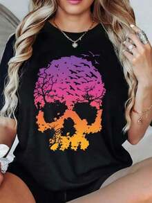 Women's Oversized Printed Loose Fit T-Shirt - Casual Polyester Fabric With Crew Neck, All-Season Comfort, Festive Holiday Top, 1 Piece, Crew Neck, 100% Cotton, Soft Fabric, Short Sleeve - 黑色 - 查看 6