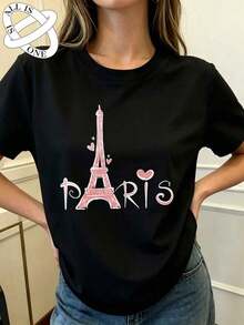 ALL IS ONE Pure Cotton Women's Casual Loose Fit Elastic Breathable T-Shirt Vintage Streetwear Eiffel Tower Paris Heart Pattern Round Neck Premium Quality Spring/Summer Fashion Short Sleeve - 黑色 - 查看 7