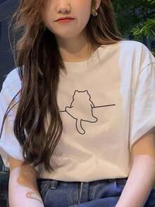 Camiseta Casual de Manga Corta con Estampado de Dibujos Animados y Cuello Redondo, Ropa Casual de Primavera para Mujer, Estilo Haruku, Ropa de Estética Urbana - Blanco - Ver 7