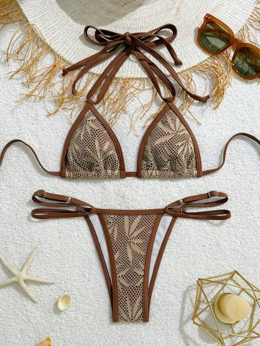 Bộ bikini tam giác màu nâu viền ren họa tiết lá cọ, quần bikini hai dây buộc bên hông, 2 món đồ bơi đi biển. - Nhiều màu - Xem 1