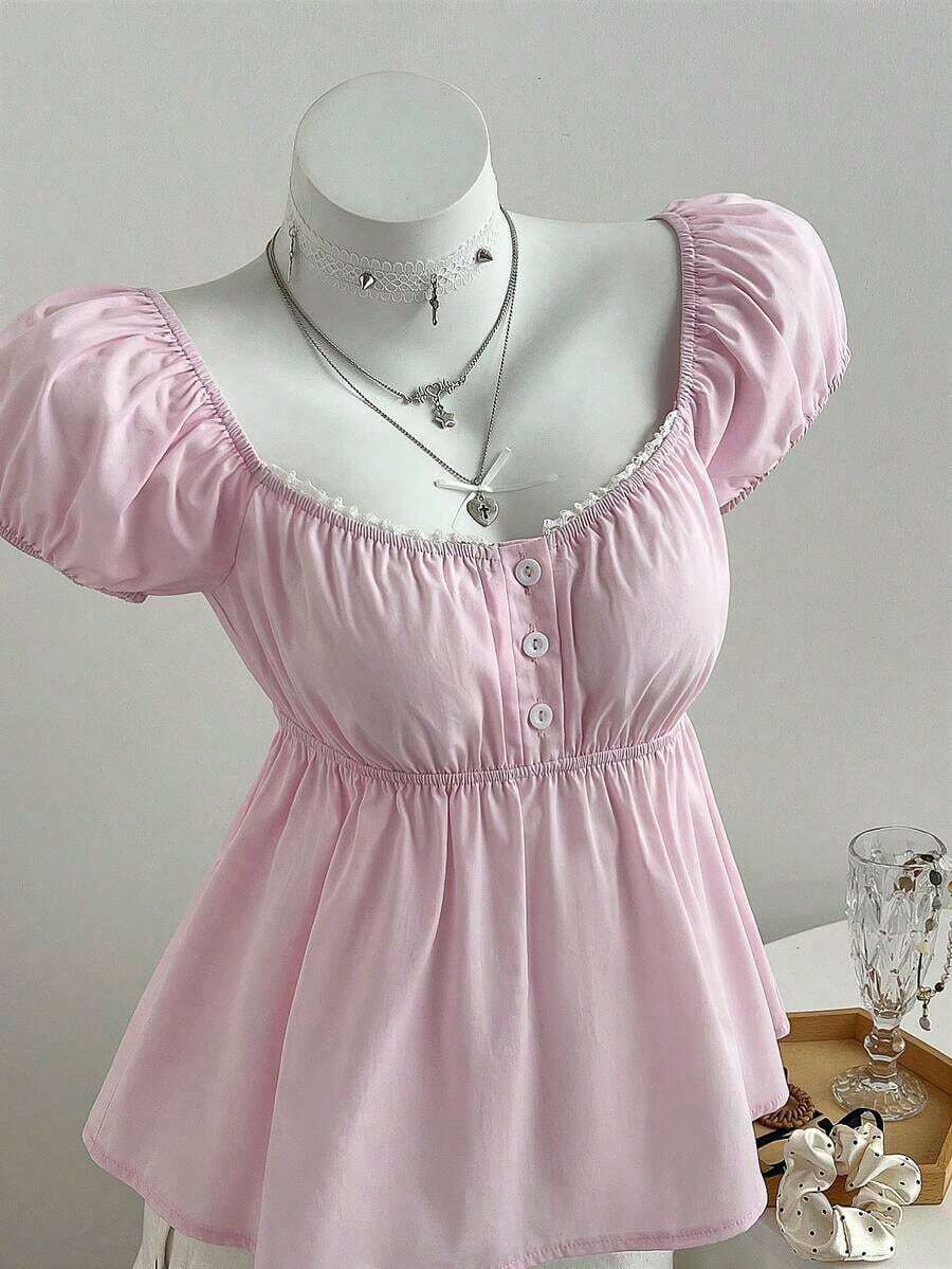 de mujer de unicolor con cuello cuadrado y manga corta, para vacaciones - Rosa - Ver 1