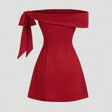 Vestido mini de línea A con cintura ajustada, hombros descubiertos, mangas con lazo asimétrico, adecuado para ir a trabajar, viajar y uso diario, primavera/verano - Negro - Ver 3