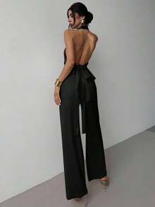 de dos piezas de top sin mangas con cuello en V asimétrico elegante y romántico, y pantalones rectos holgados de color caqui, adecuado para verano, playa, vacaciones - Negro - Ver 2