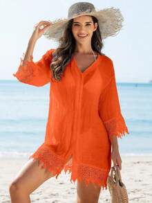 Swim Vcay Kimono cubrecuerpo para damas de un solo color con aplicaciones de encaje y botones delanteros - Naranja - Ver 1