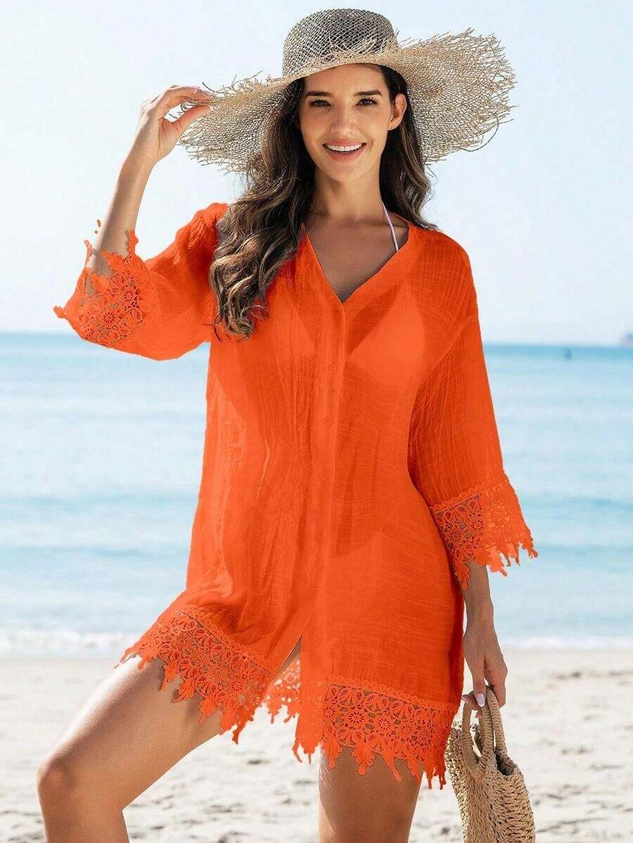 Swim Vcay Kimono cubrecuerpo para damas de un solo color con aplicaciones de encaje y botones delanteros - Naranja - Ver 1