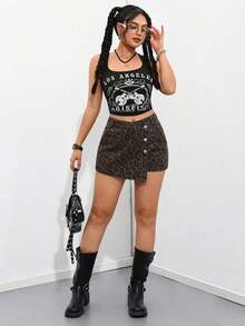 PETITE Short vaquero sexy con bolsillo frontal, cruce de cintura y abotonado para mujer - Multicolor - Ver 4