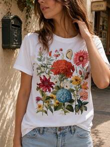 Woman's Casual Short Sleeve-Shirt Printed With Vintage Botanical And Floral Patterns Graphic-Shirt Summer Clothes Oversized Camiseta Streetwear Casual Round Neck Cotton Fashion Summer Outfits Women Loose Fit Tee Daily Outfit - 白色 - 查看 4