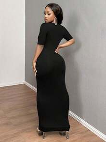 Vestido ajustado corto de manga corta con cuello en V liso para baile de graduación - Negro - Ver 2