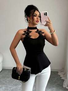 Blusa de mujer elegante de moda nueva para el verano con decoración de encaje bordado, cuello en V, bajo irregular sin mangas, silueta ajustada, adecuada para vacaciones, citas, actividades diarias, fiestas - Negro - Ver 5