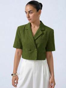 Nueva chaqueta elegante y sofisticada de tela texturizada con cuello de solapa, diseño de espalda cruzada, cintura corta y mangas cortas para estilizar la figura de la mujer - Verde 2 - Ver 3