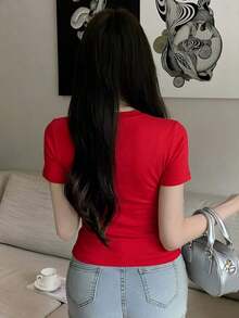 Camiseta de manga corta minimalista de unicolor para mujer, uso casual de todos los días en verano - Rosa Fucsia - Ver 5