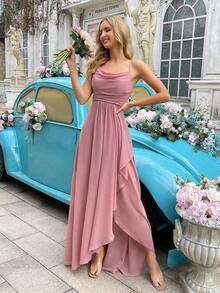 Vestido formal elegante y minimalista para mujer, vestido de dama de honor de verano, adecuado para bodas, invitados, galas, eventos formales, fiestas de compromiso, bodas de jardín - Vestido largo de dama de honor con cuello drapeado, bajo asimétrico y tirantes, unicolor, primavera - Rosa - Ver 1