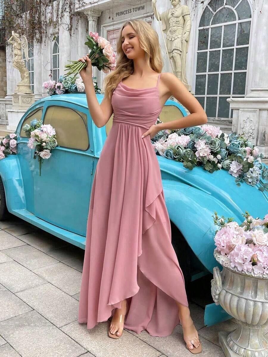 Vestido formal elegante y minimalista para mujer, vestido de dama de honor de verano, adecuado para bodas, invitados, galas, eventos formales, fiestas de compromiso, bodas de jardín - Vestido largo de dama de honor con cuello drapeado, bajo asimétrico y tirantes, unicolor, primavera - Rosa - Ver 1