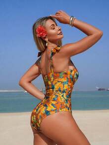 Swim Basics 1 pieza Traje de baño de una sola pieza con estampado sólido y floral y tirantes de espagueti anudados para mujer - Amarillo - Ver 2