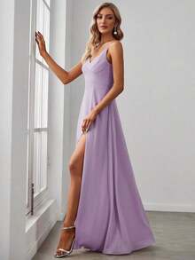 Elegante vestido de noche de unicolor y sexy, vestido de dama de honor con abertura alta y tirantes finos en azul marino, vestido formal para invitados de boda en primavera - Púrpura malva - Ver 5