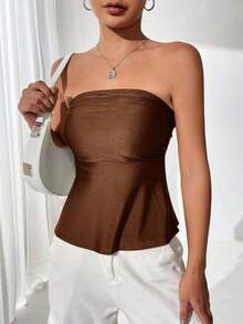 Top bandeau plisado de unicolor para vacaciones de mujer - Marrón Chocolate - Ver 6