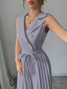 Mono elegante de mujer con diseño de doble botonadura y plisado en color albaricoque, para primavera y otoño - Gris - Ver 5