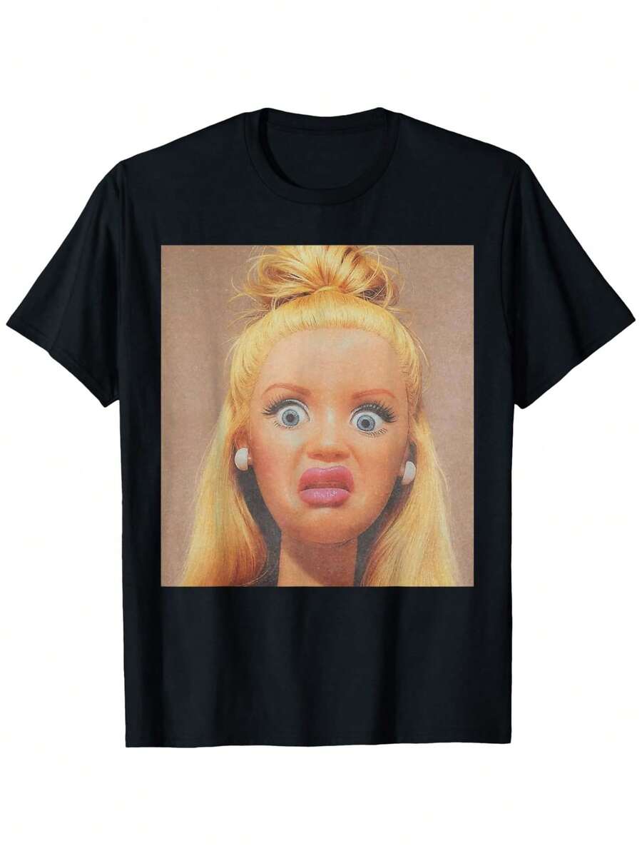 Funny T-Shirt With Disgusting Doll Face - Novelty, Sarcastic And Humorous T-Shirt With Iconic Patterns, Casual Loose Fit T-Shirt, Suitable For Parties, Gifts And Daily Wear - Hand Washable Disgusting Doll Clothes - 如圖所示 - 查看 1