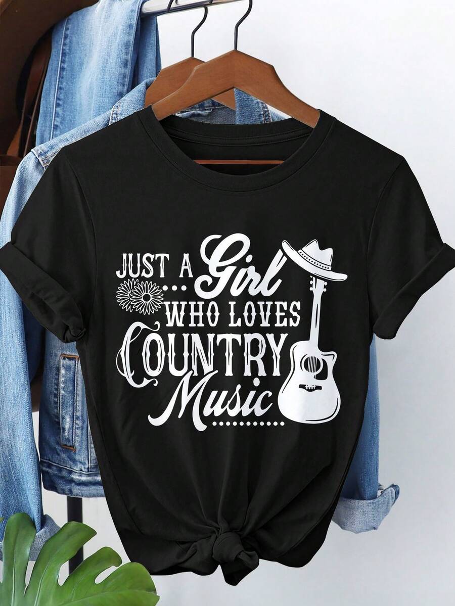 Women's Country Music Graphic T-Shirt - "Just A Who Loves Country Music", Short Sleeve Crew Neck T-Shirt With Floral And Guitar Design, Olive Green, Casual For Spring And Summer, Country Music T-Shirts, Weekend Style, Rustic Design, Comfortable Fabric - 黑色 - 查看 1