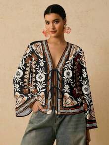 Camisa casual versátil de uso diario con estampado floral y nudo delantero para mujer de talla grande - Multicolor - Ver 5