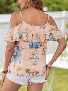 Blusa de mujer de gasa con hombros descubiertos, bajo con volantes y estampado, para primavera/verano y vacaciones - Azul - Ver 2