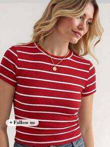 LUNE Conjunto deportivo de tiempo libre para atletismo, ciclismo, running, baloncesto - Camiseta casual cómoda de cuello redondo, ajustada, a rayas blancas y negras con recogido en la cintura, para mujer - Rojo - Ver 9