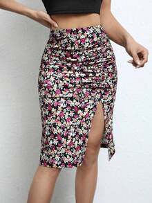 Frenchy Falda con estampado floral fruncido de muslo con abertura - Multicolor - Ver 1
