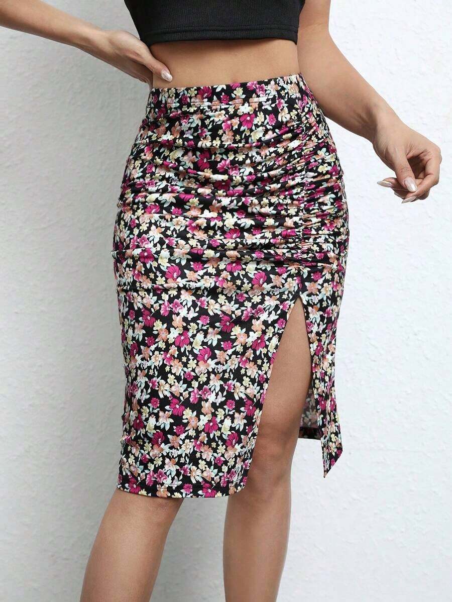 Frenchy Falda con estampado floral fruncido de muslo con abertura - Multicolor - Ver 1