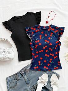 2 piezas Conjunto con Camiseta de Punto Blanco Acanalado con Volantes WYWH y Camiseta Sólida de Color Cereza, Estilo Bohemio, Boho, Floral Romántico, Vacaciones, Estilo Floral para Fiesta, Cita, Día de San Valentín, Pascua, Carnaval, Té de la Tarde - Azul marino - Ver 7