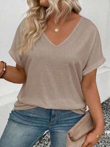 Selamara Camiseta casual versátil de talla grande con diseño de encaje y parches, nueva llegada para primavera/verano para mujeres - Caqui - Ver 5