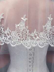 1 pieza Velo de novia con aplicación de encaje de doble capa con peine, accesorio de boda para mujer, blanco/beige, otoño - Multicolor - Ver 2