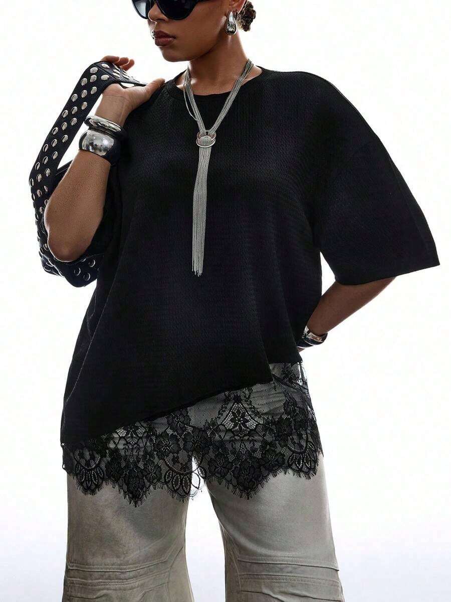 Camiseta holgada de encaje con dobladillo asimétrico a rayas para mujer de talla grande - Negro - Ver 1